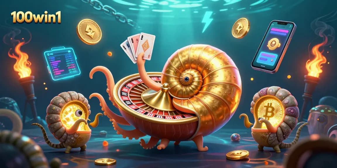 Bet big with 100win1 in a vibrant 3D casino scene showcasing golden roulette and crypto elements.