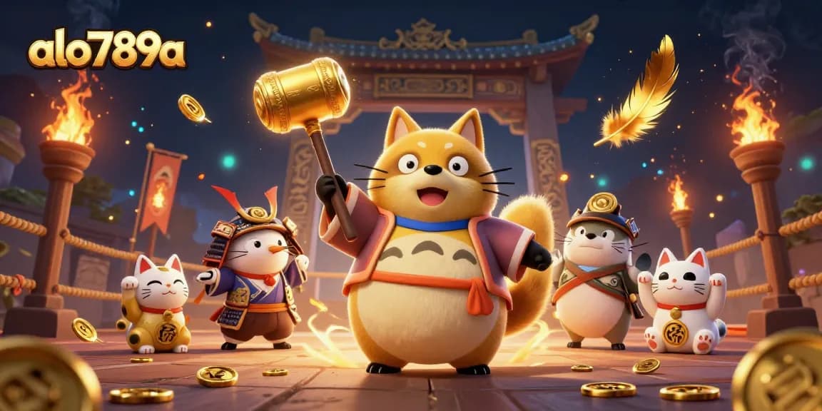 Betting on cockfights with alo789a, featuring lucky tanuki, samurai crane, and fortune cats.