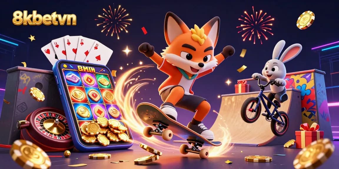 Experience winning moments with 8kbetvn in a vibrant casino-themed illustration filled with engaging gaming elements.