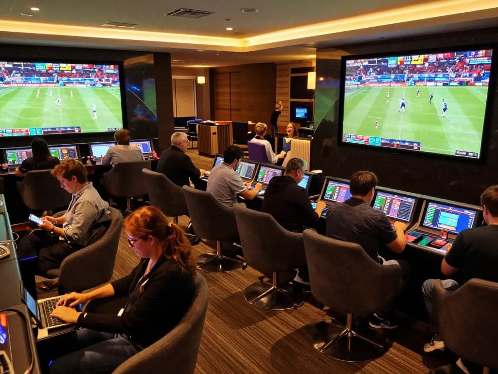Sports enthusiasts placing bets at okking1 in a vibrant betting lounge with live screens