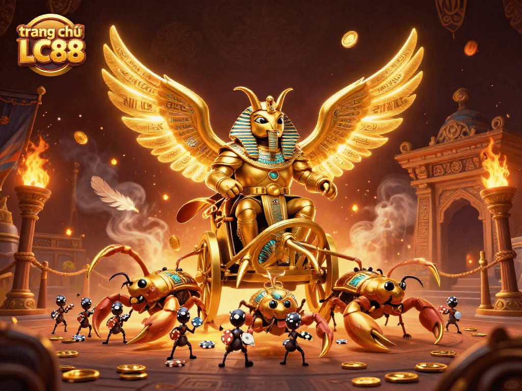 Experience the vibrant action of trang chủ LC88 with a 3D casino-themed illustration featuring a colossal scarab chariot.