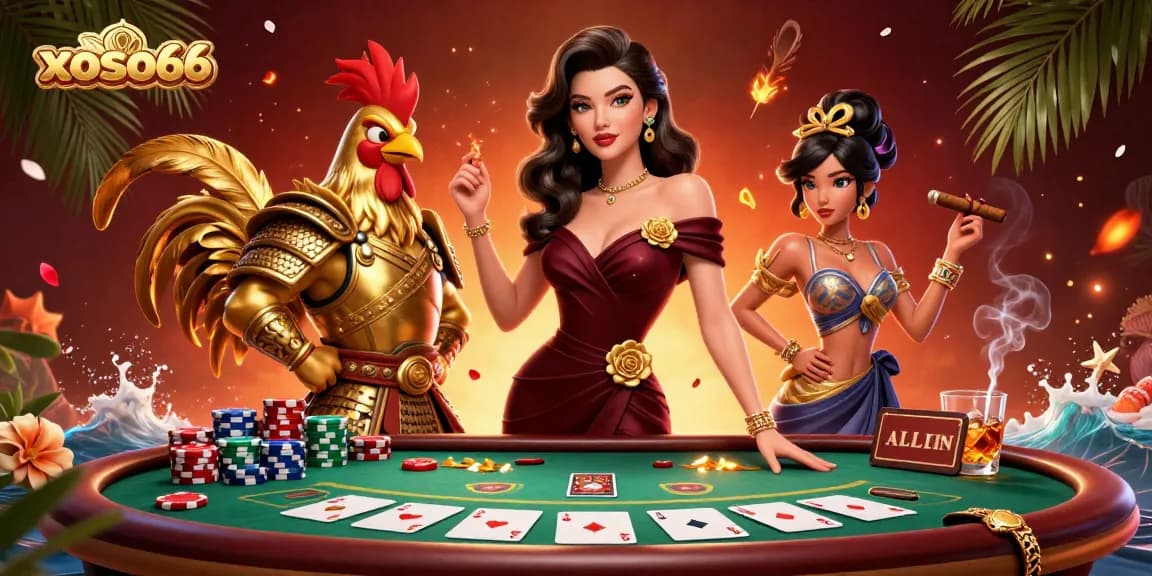Xoso66 enhances gaming excitement with a glamorous scene of poker and vibrant casino elements.
