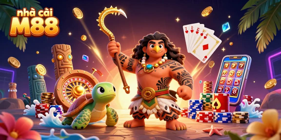 Experience the thrill of nhà cái M88 with dynamic casino elements and vibrant characters in action.
