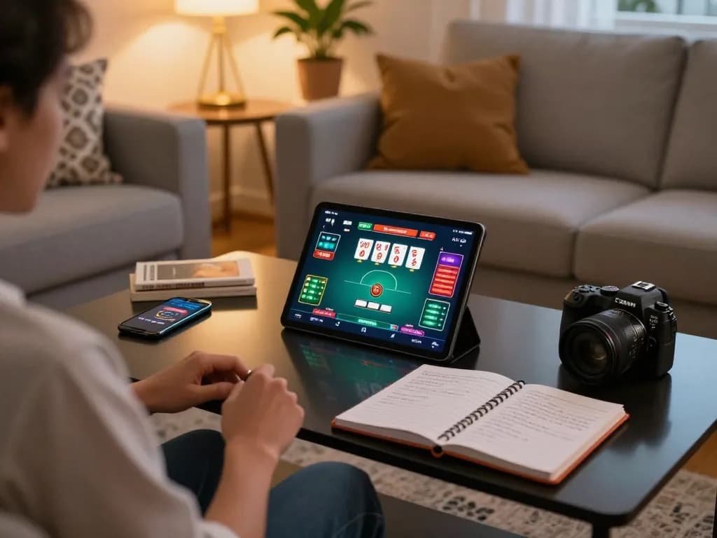 Engaging in online poker gameplay at home on tablet, DA88 strategy notes visible, showcasing modern gambling lifestyle.