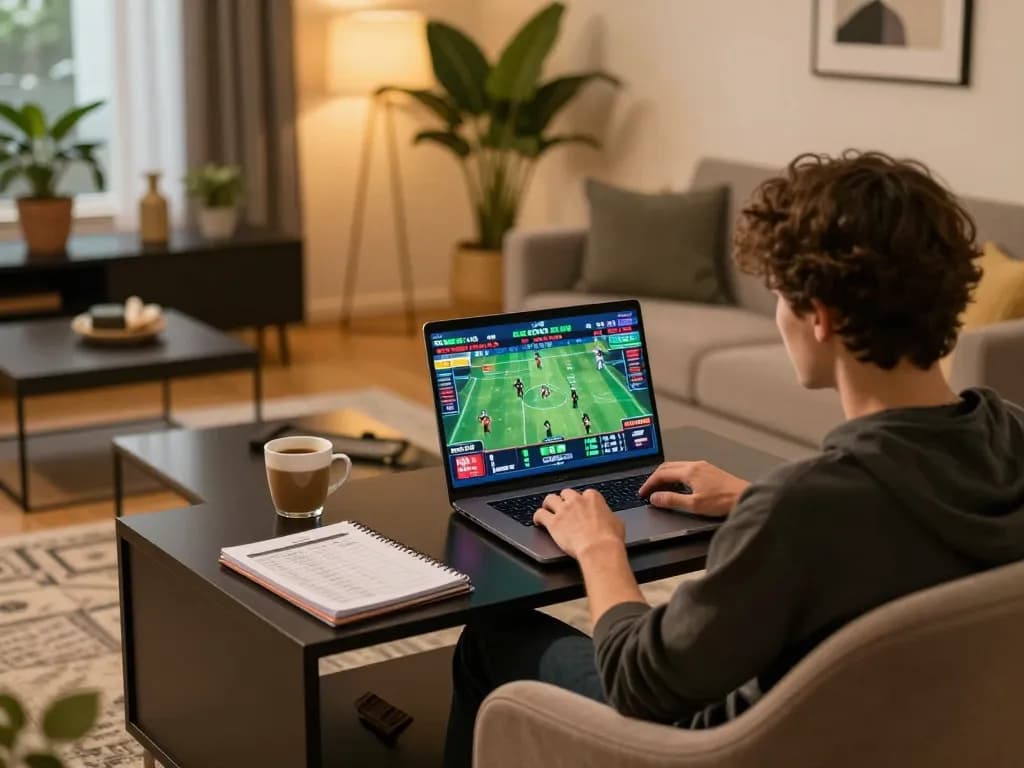 Engaging in strategic online sports betting with keonhacai using a laptop in a cozy home setting