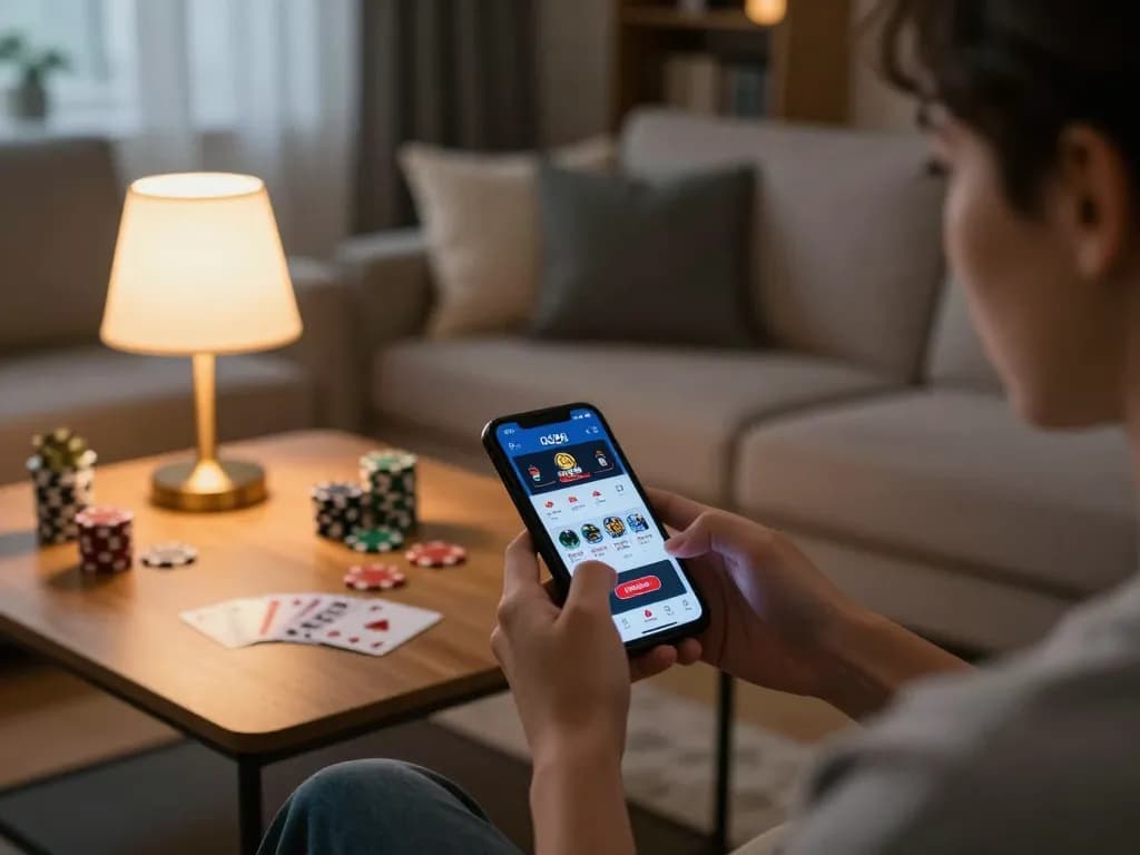 Engaging with QQ88 online casino app on a smartphone in a cozy living room setting.