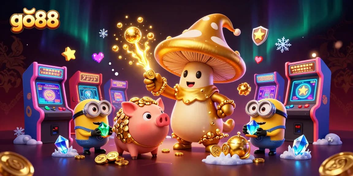 Experience the magic of go88 as the golden mushroom wizard conjures treasures in a vibrant casino scene.