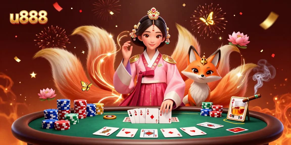 Experience the thrill of u888 with an elegant Asian woman and a lucky nine-tailed fox at a dynamic casino scene.