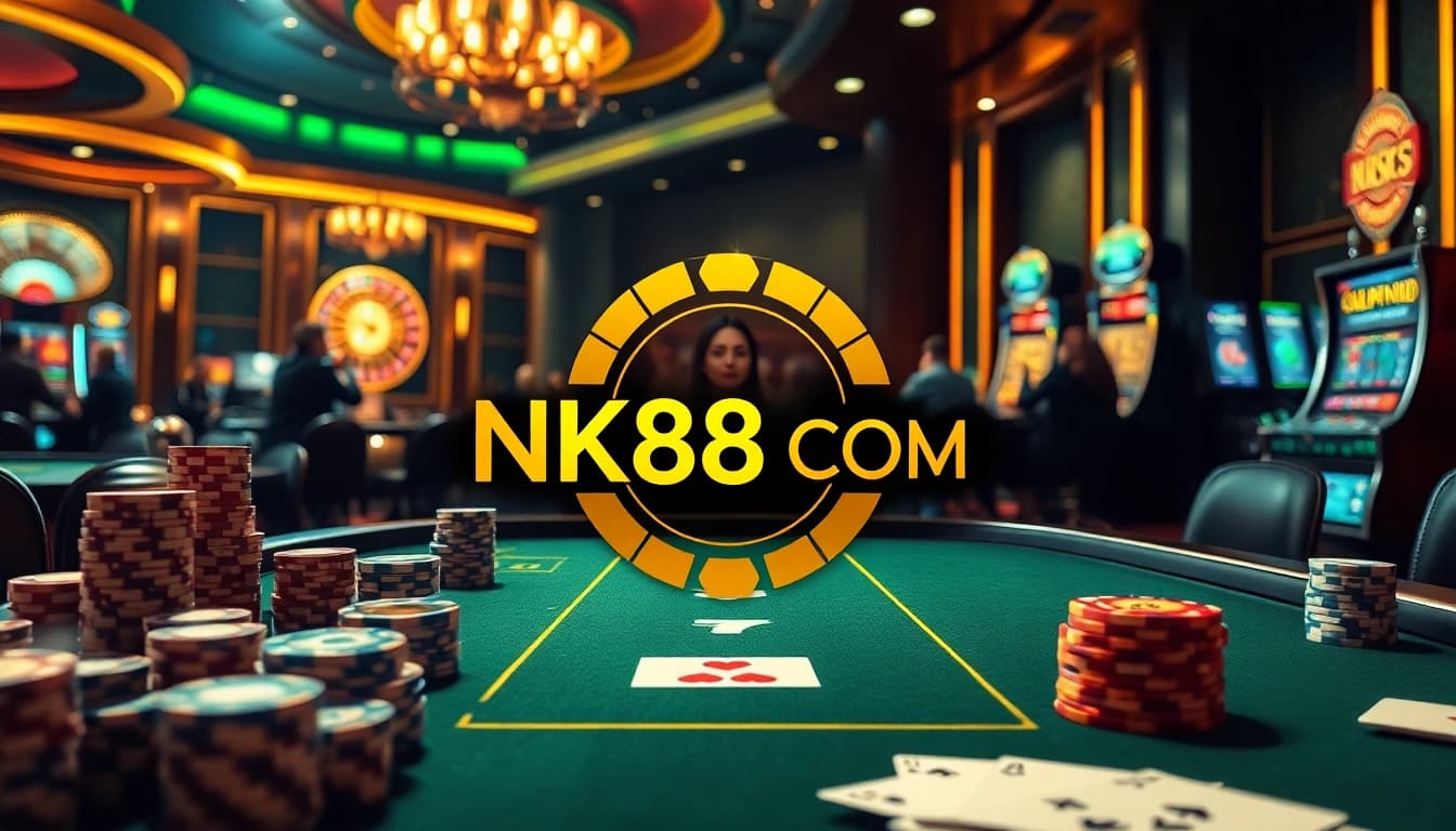 Vibrant casino scene showcasing NK88 COM with poker chips, gaming tables, and excited players.