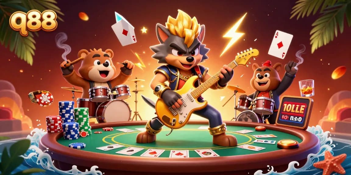 Engage in thrilling gameplay at q88 while watching a vibrant casino scene with cartoon characters.