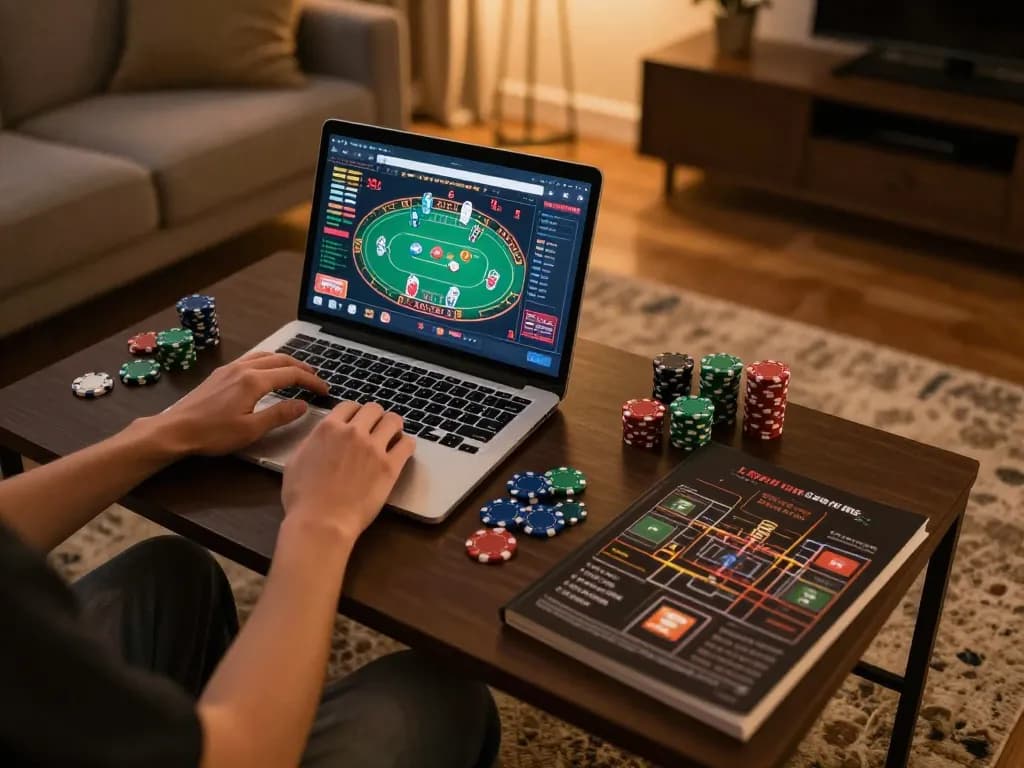 Person enjoying online casino gaming at https://7m.us.com/ with poker game on laptop screen