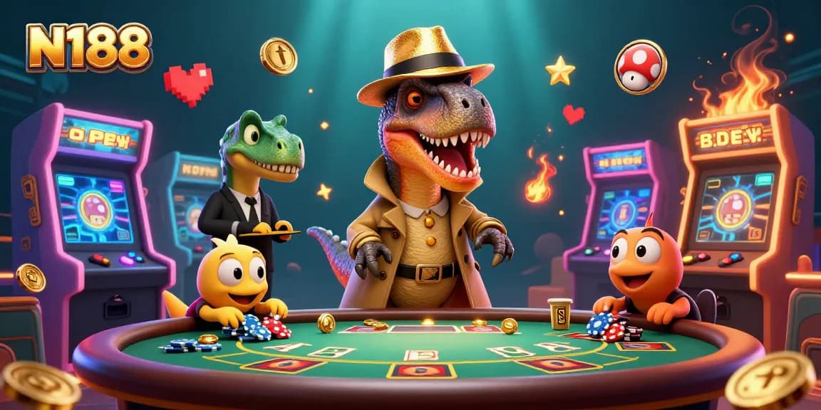 N188 engaging cartoon velociraptor card counting at a blackjack table, a stegosaurus pit boss, and a compy pickpocket.