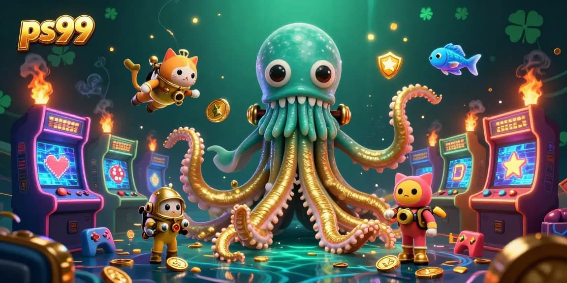 Spin the reels of excitement at ps99 with a colossal kraken and diving cat in a vibrant, treasure-filled scene.