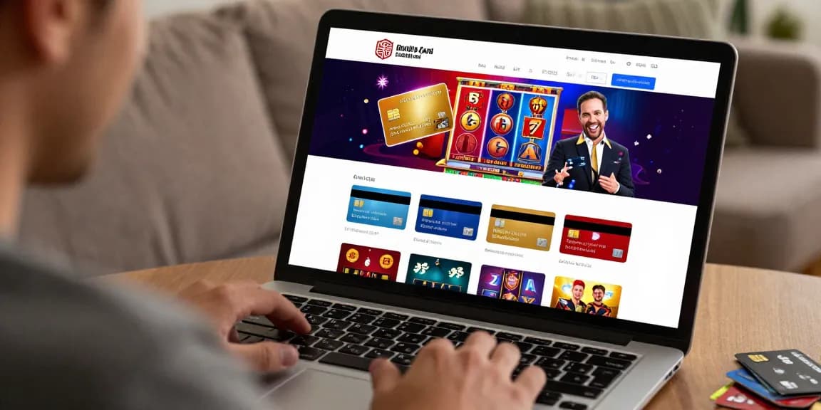 Player exploring credit card casinos on a laptop in a cozy setting, surrounded by graphics of games.