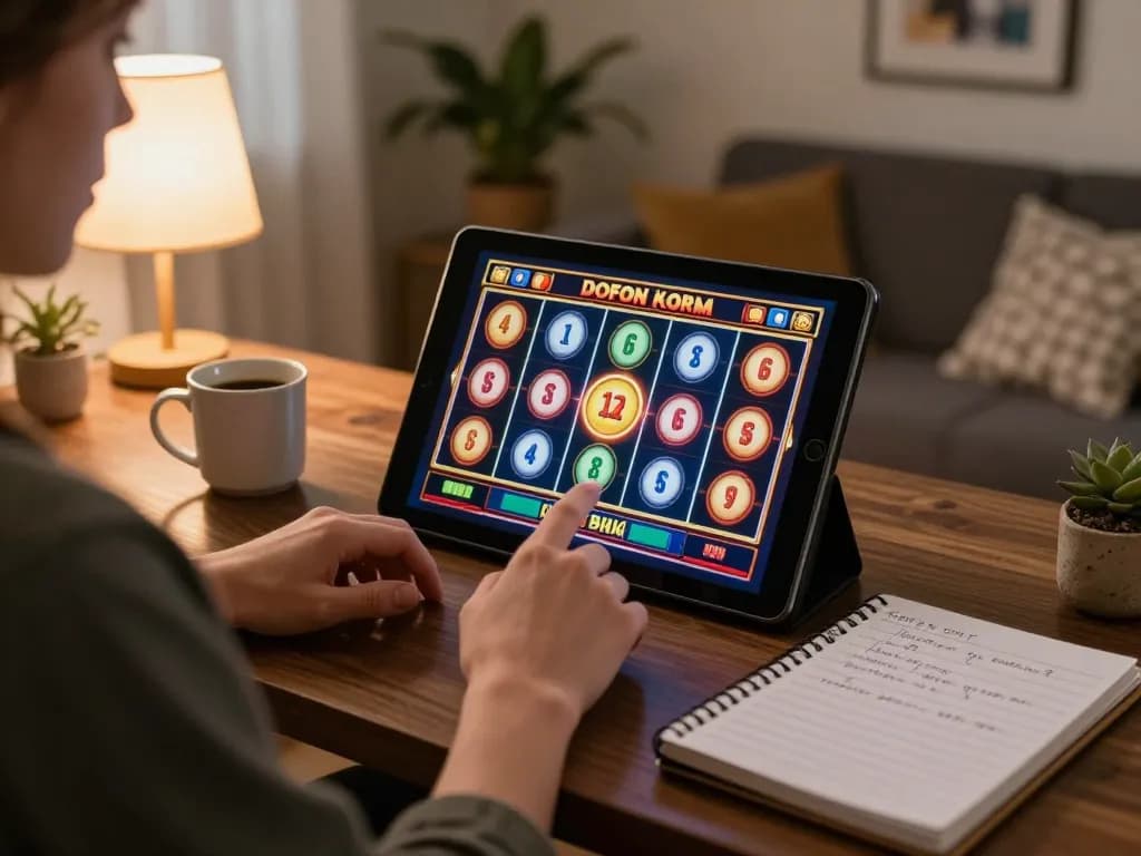 Engaged player on cucu777 spinning slots on a tablet in their cozy living room.