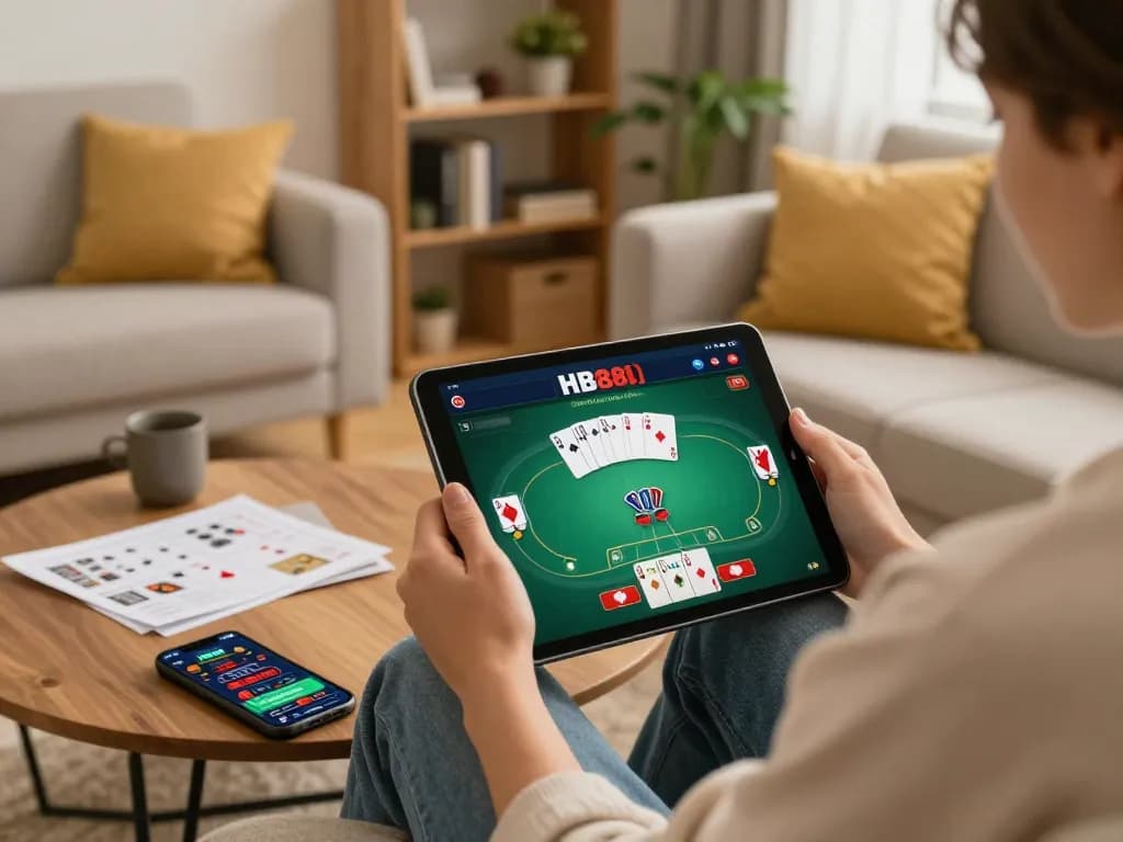 Player engaging in online gambling on HB88 with tablet showing poker game and strategy notes.
