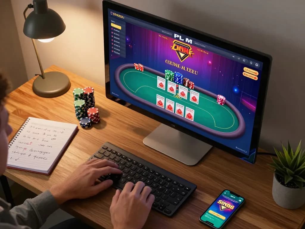 SIN88 online poker gameplay setup with vibrant cards and chips on a desktop.