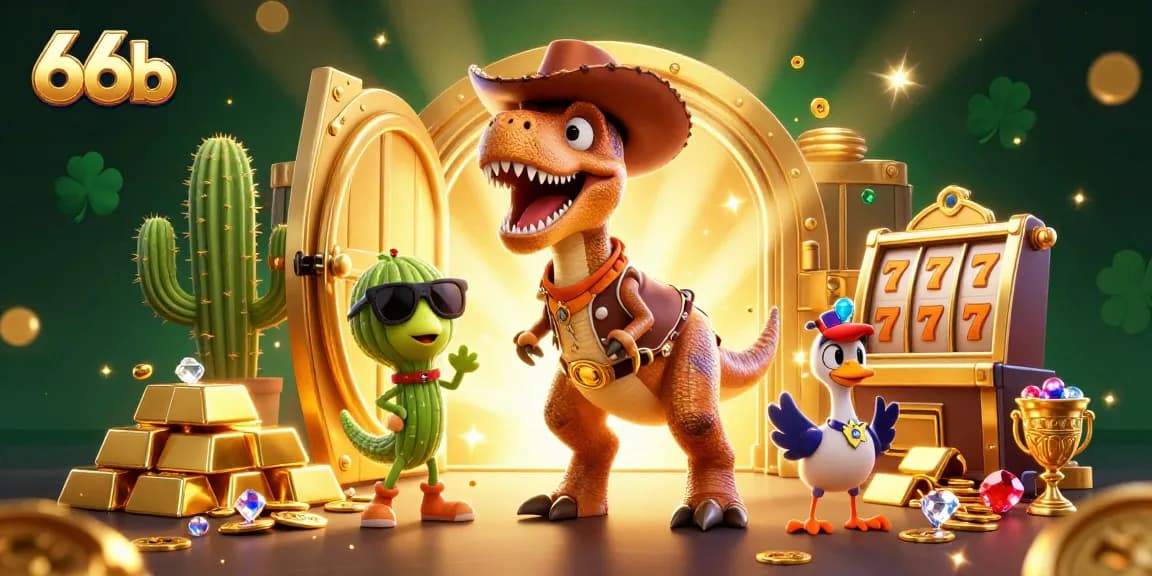 Experience thrilling slots action with the 66b cowboy dinosaur and friends in a vibrant casino scene.