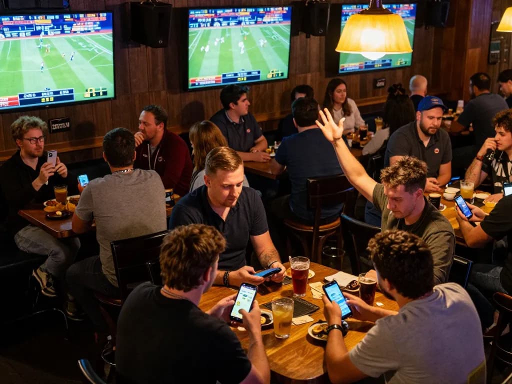 Sports fans engaging in thrilling live betting experience at 79king bar, with excitement and camaraderie visible