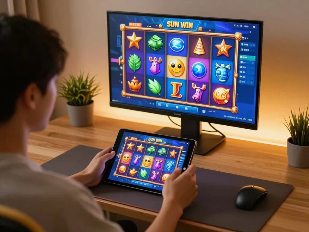 Player engaging with Sun Win slot game on tablet in a cozy home office setting.