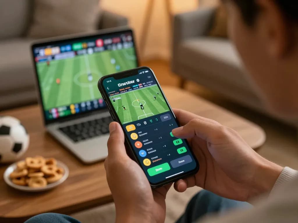 Engaging in sports betting with va88 app during live game in cozy home environment.