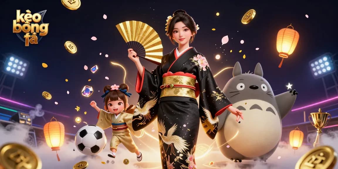 Experience kèo bóng đá excitement with a vibrant scene featuring a Japanese woman and tanuki surrounded by sports betting elements.