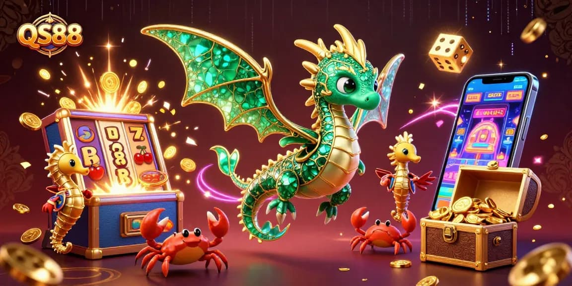 Experience the thrill of QS88 with an enchanting 3D illustration featuring a dragon, slot machine, and festive elements.