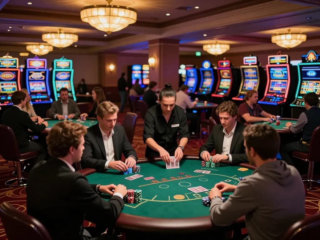 Players engaged at poker tables in a vibrant casino showcasing the excitement of 888VI gaming experience.