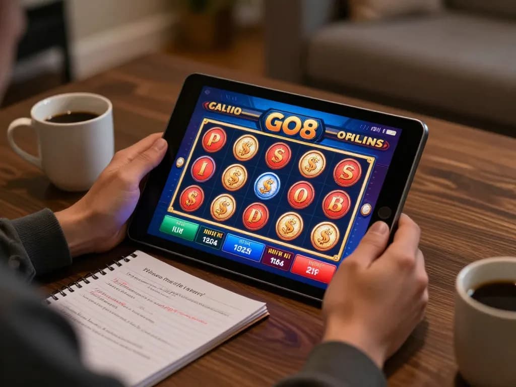 GO8 online gambling experience on a tablet showcasing a vibrant slot game interface.