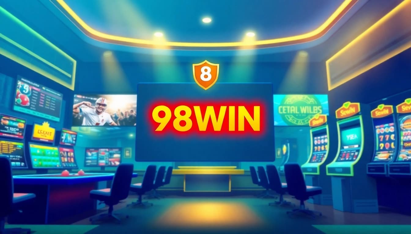 Engaging 98WIN online gambling platform illustration showcasing secure betting options and vibrant gaming interface.