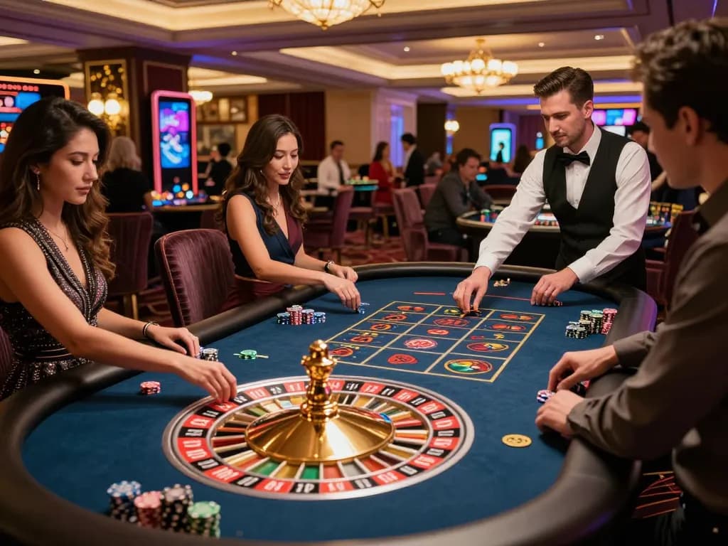 Betting excitement at nhà cái kkwin's roulette table with players and professional croupier engaged in the game