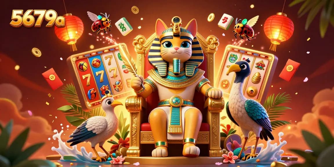Experience the excitement of 5679a with a vibrant 3D casino illustration featuring pharaoh characters and slot elements.