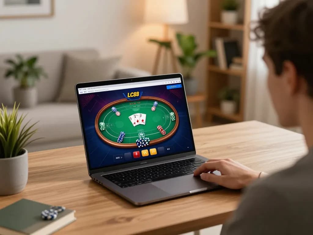 Engaging in LC88 online gaming experience with poker on laptop screen and cozy home setup