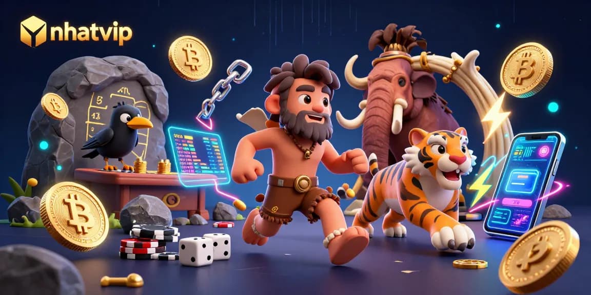 Nhatvip enhances gaming fun with prehistoric characters playing cards and crypto elements in a casino scene.