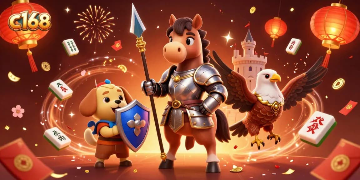 Experience the excitement of c168 as a knight, puppy, and falcon navigate vibrant casino elements.