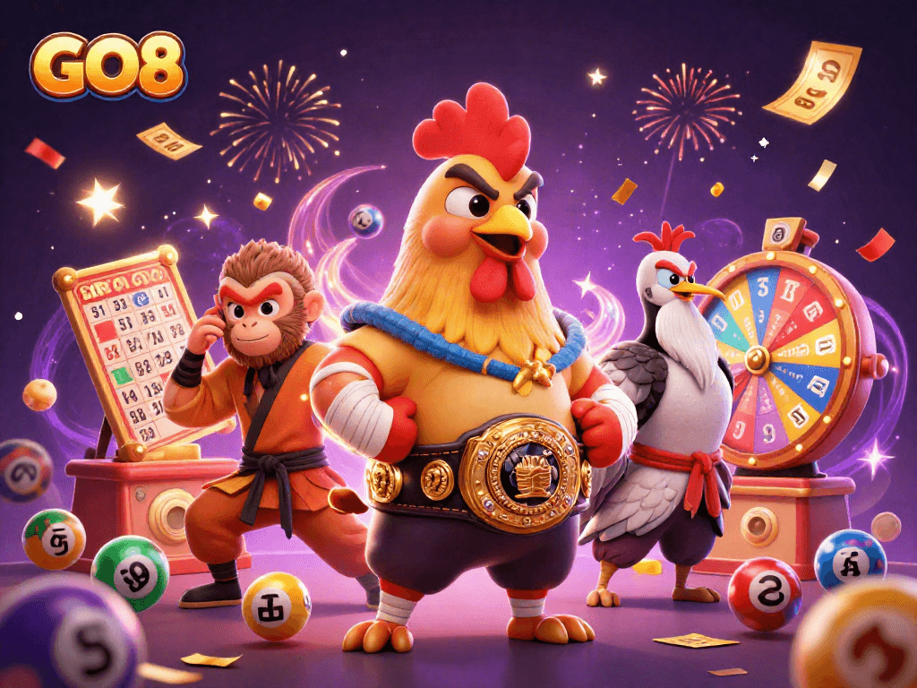 Celebrate gaming wins with GO8 featuring dynamic characters and vibrant casino elements.