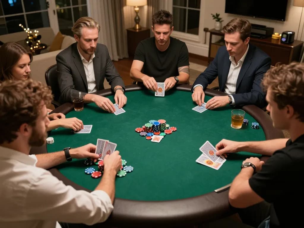 tr88 players strategizing in a friendly poker game with stacked chips and cards