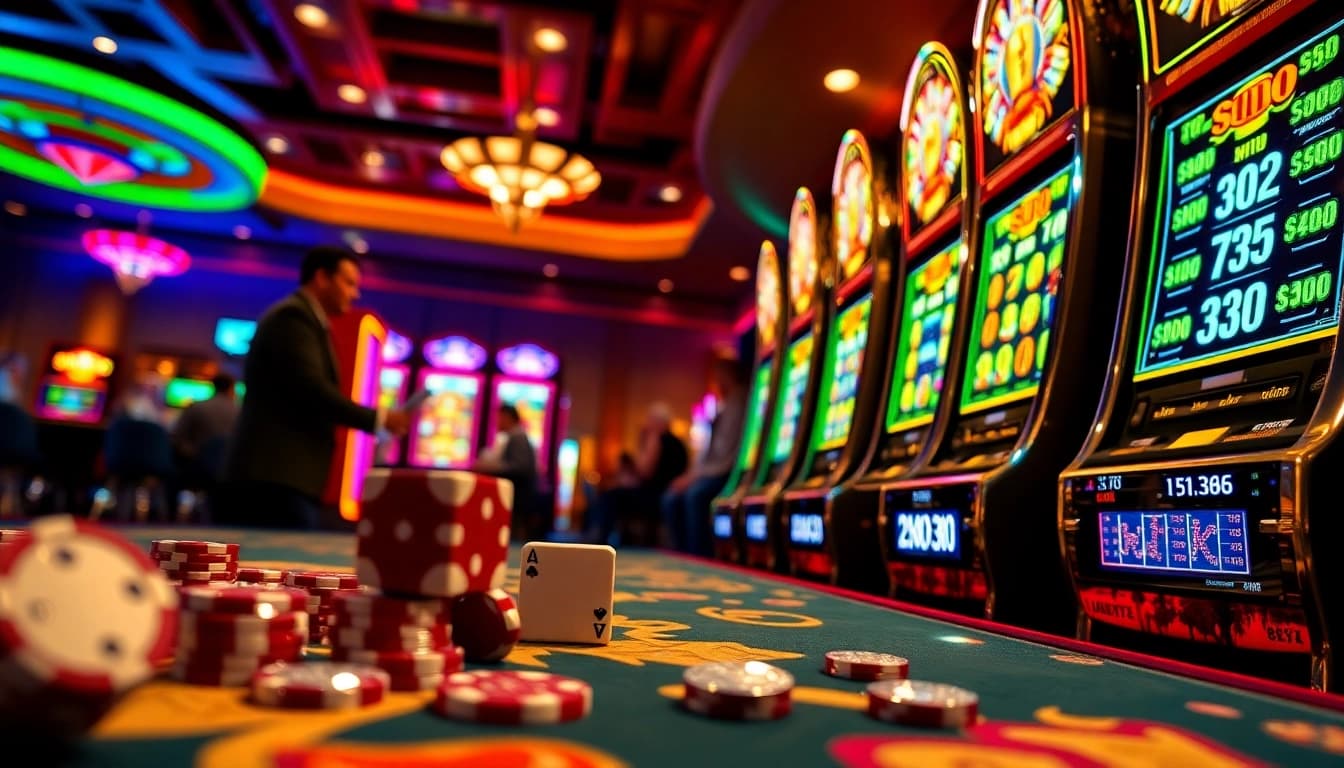 Experience the thrill of nổ hũ with vibrant slot machines and excited players in a luxurious casino setting.