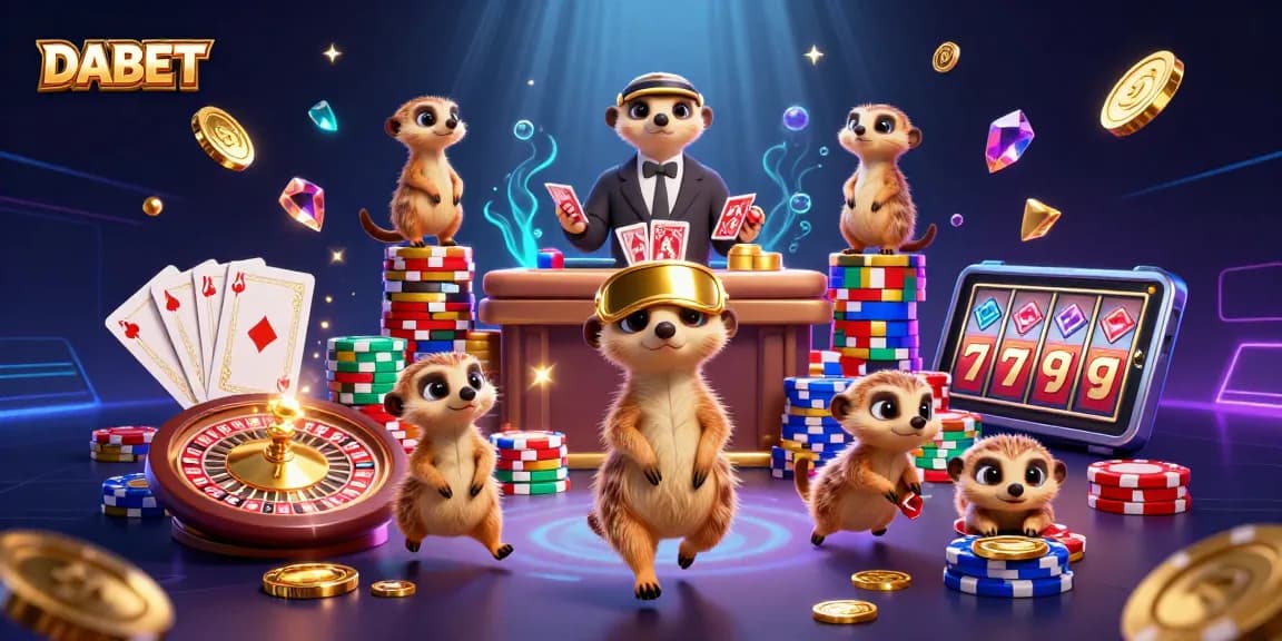 DABET gaming scene with meerkats controlling a vibrant casino, showcasing excitement and dynamic elements