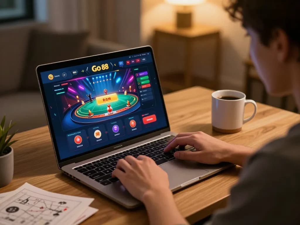 Engaging online gaming session showcasing Go 88 interface on a laptop in a cozy atmosphere.