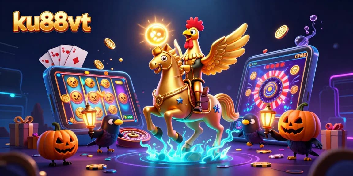 ku88vt's vibrant scene showcases a golden rooster headless horseman gaming amidst dazzling casino elements.
