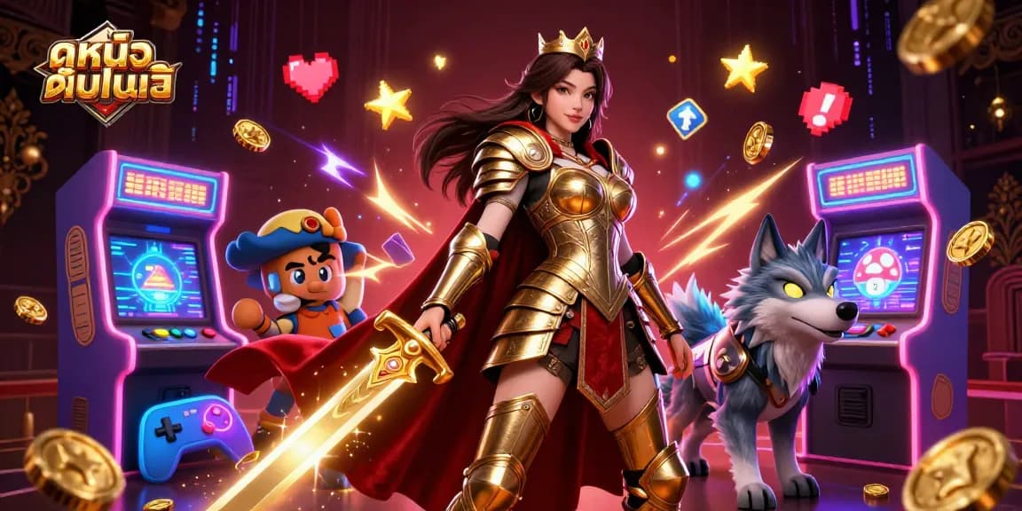 ดูหนังออนไลน์ with a warrior queen and glowing wolf in an immersive gaming atmosphere