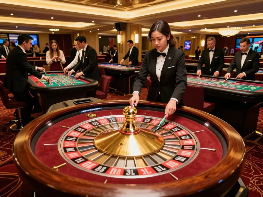 Players enjoy the thrills of kkwin casino at vibrant roulette tables with glamorous atmosphere.