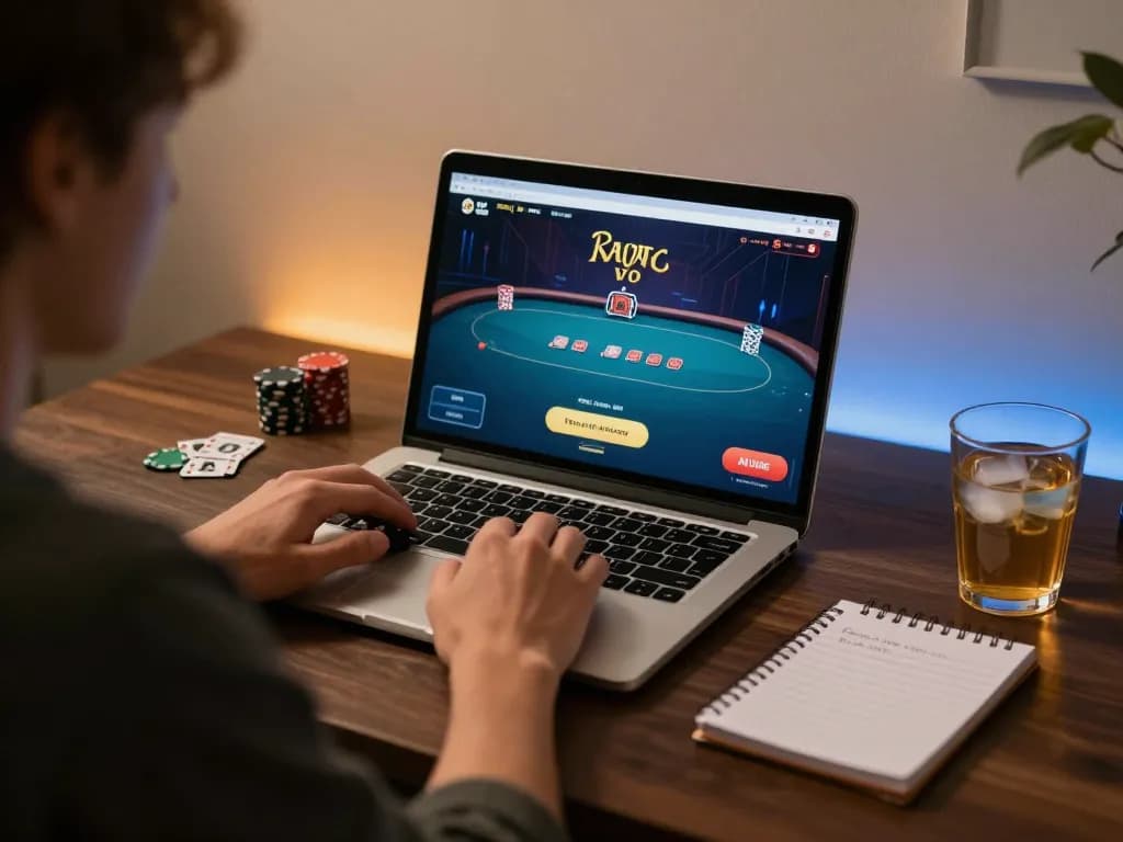 Engaged player enjoying LV88 COM online poker with cozy ambiance and strategic notes.