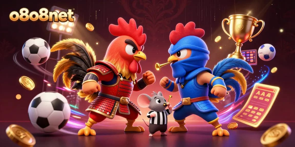 Engage in thrilling action with o8o8net as fighting roosters face off amidst vibrant sports elements.