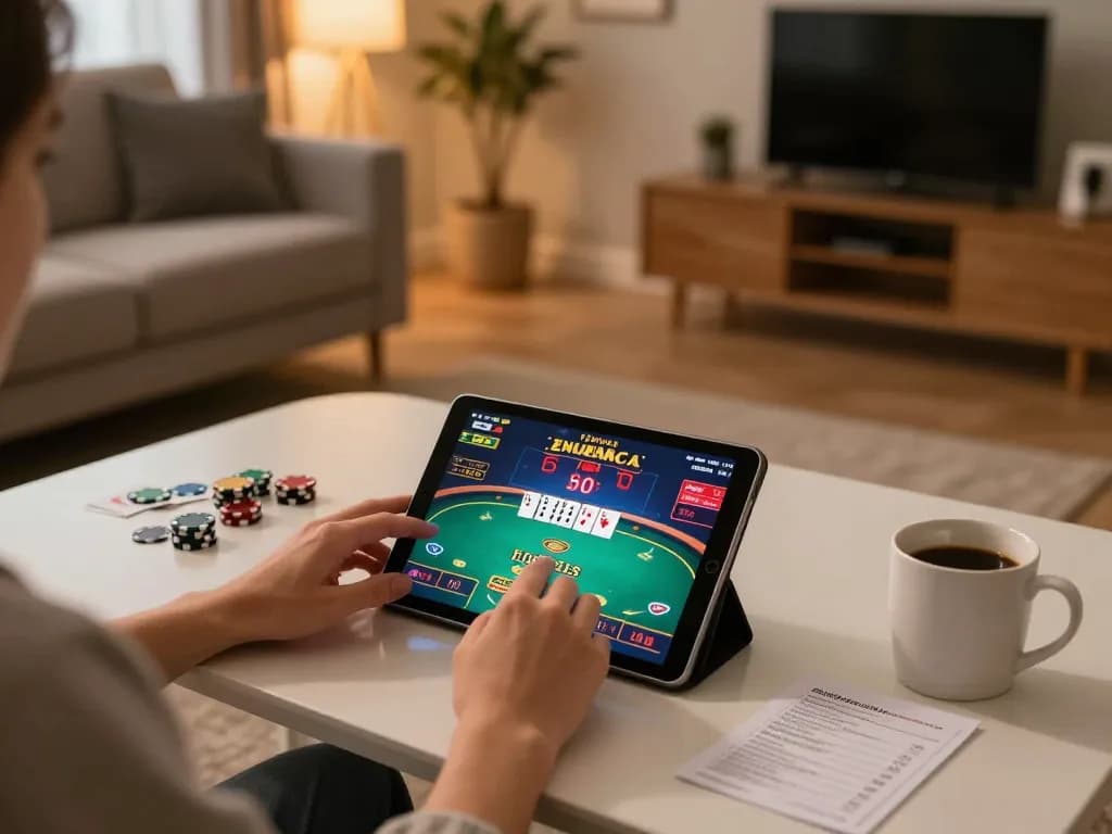 Engaging in 78wim online casino gameplay on a tablet, showcasing cozy home atmosphere and strategic betting.