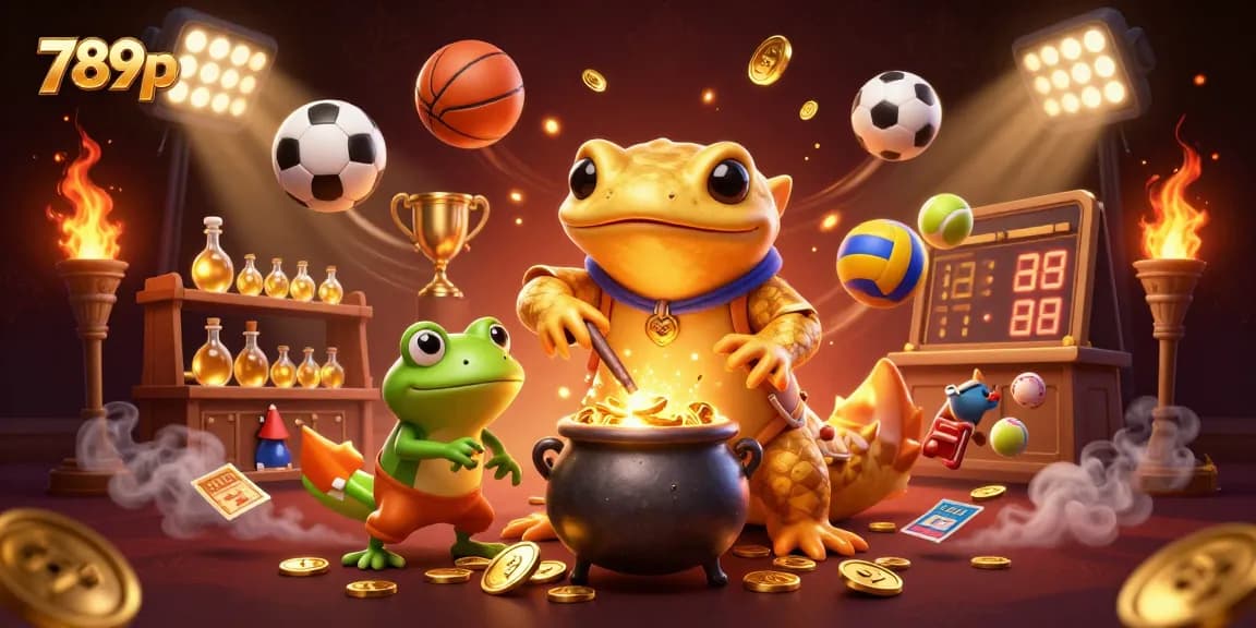 Engage with the thrilling world of 789p sports betting, featuring a vibrant 3D scene of gold elements and sports action.