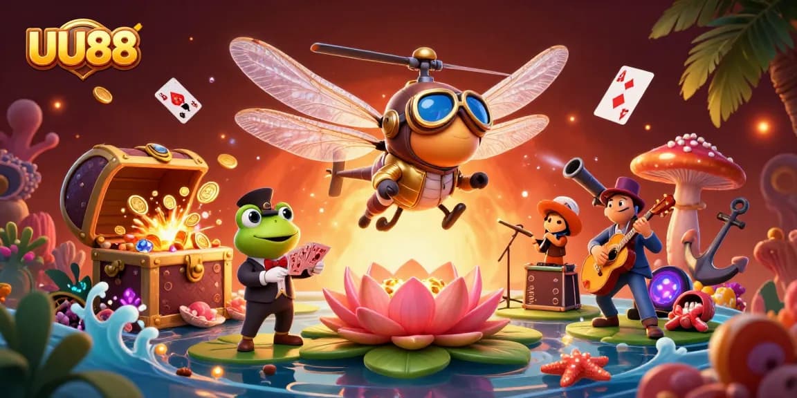 Experience thrilling gaming at UU88 with a whimsical dragonfly pilot, frog dealer, and vibrant casino action.