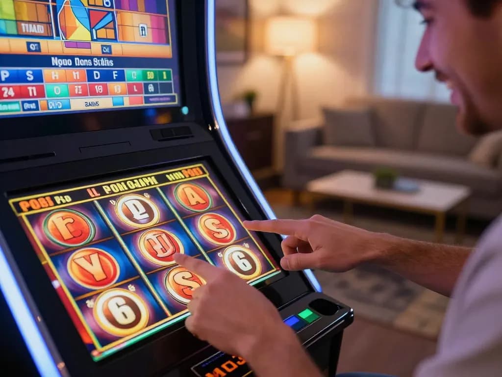 Engaging in slot online gaming with animated slot machine, joyful reaction during gameplay.
