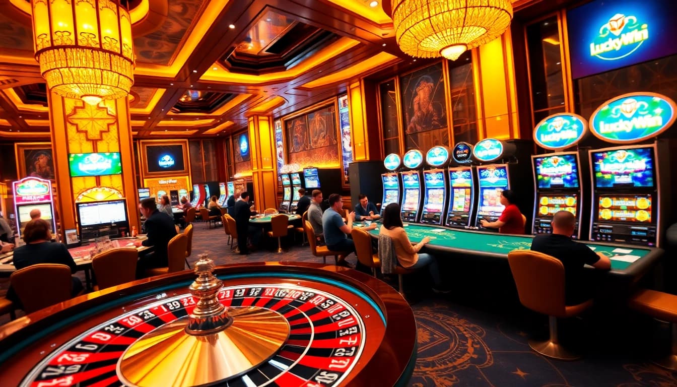 LuckyWin enthusiasts celebrating thrilling wins at a vibrant casino with roulette and blackjack games.